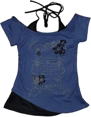 Emo Grunge Shirts Women 2000s Graphic Baby Tees Short Sleeve Vintage Y2k Crop Tops Fake Two Piece Alt Clothes