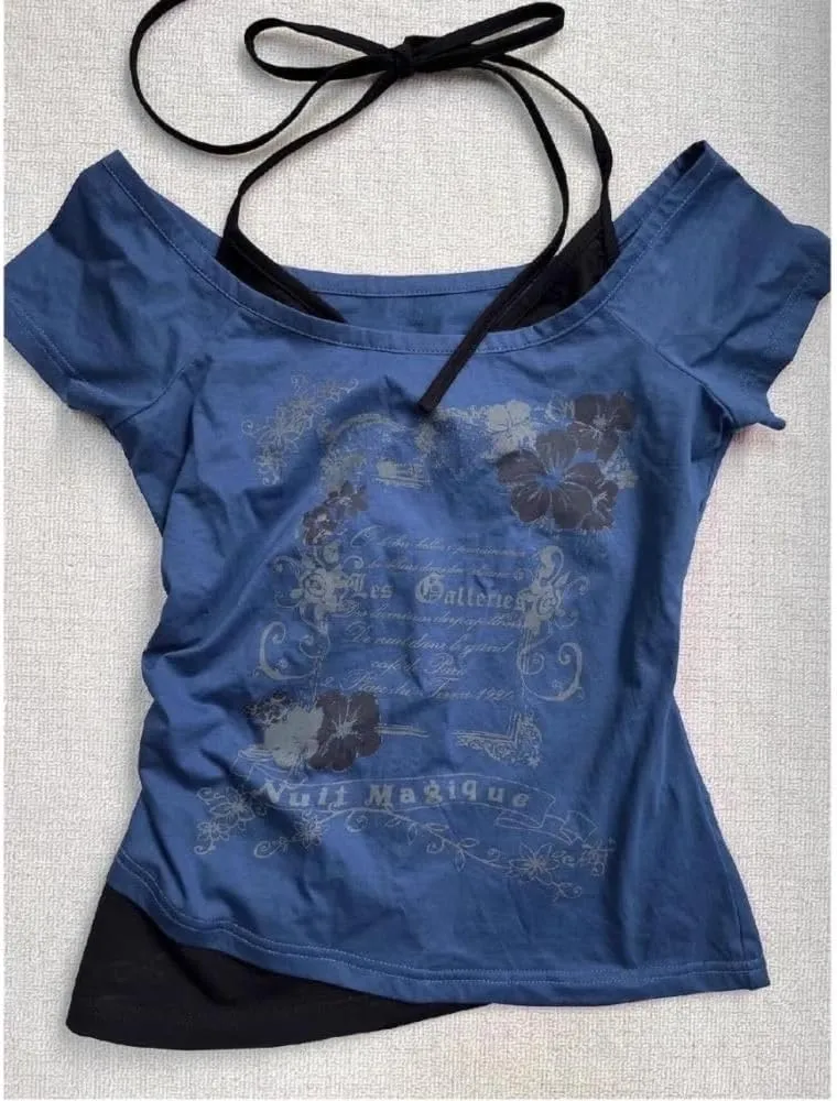 Emo Grunge Shirts Women 2000s Graphic Baby Tees Short Sleeve Vintage Y2k Crop Tops Fake Two Piece Alt Clothes