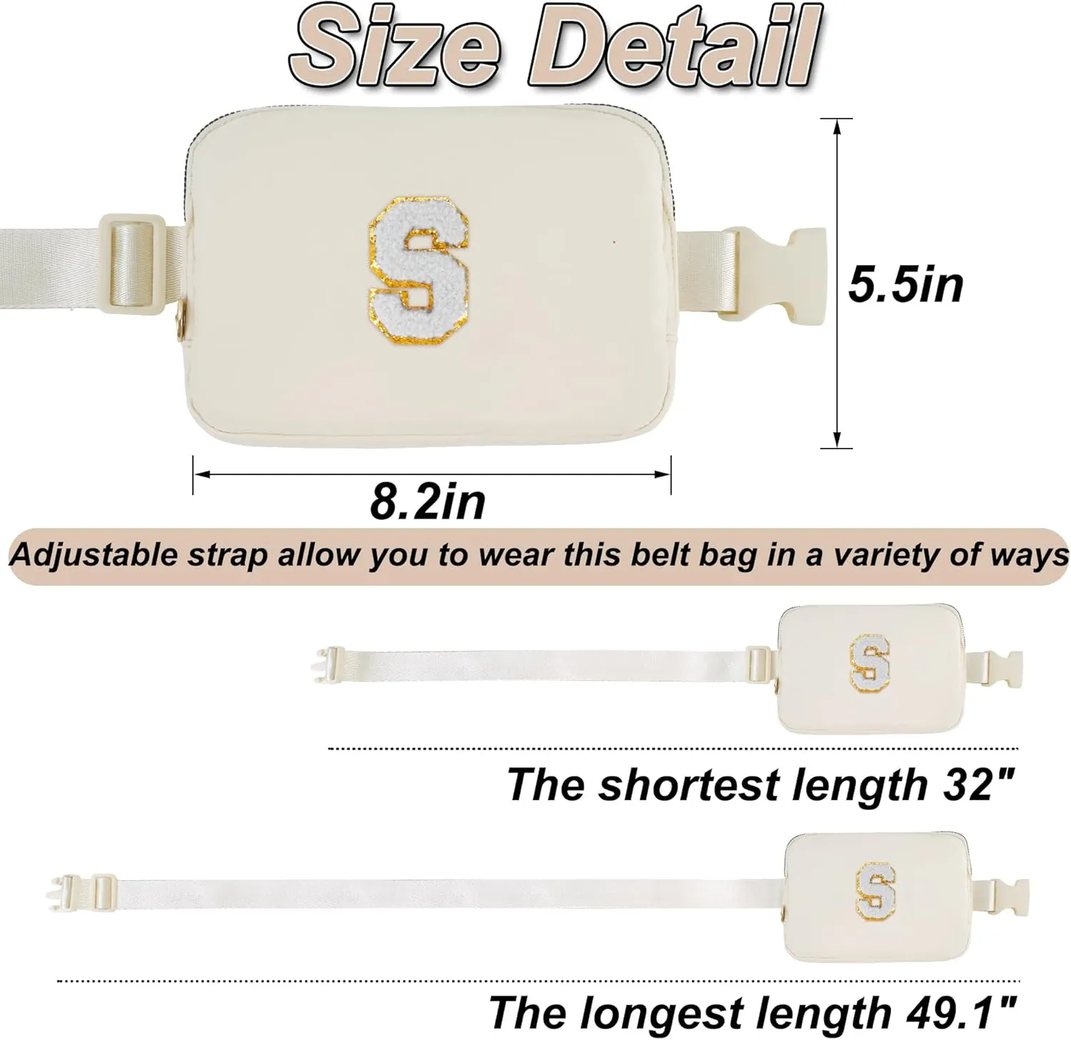 Essentials for Girls - Travel & Teen Girl Essentials, Fashion Waist Packs - Cute Trendy Stuff Belt Bag, Initial White, Cream