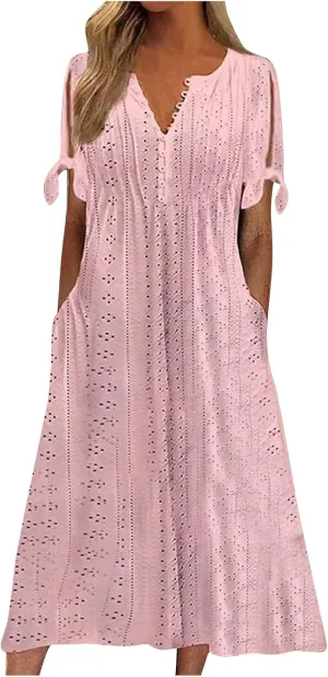 fanmpghleoo Eyelet Dress for Women Cold Shoulder Plus Size Dress Beach Vacation Maxi Dresses Wedding Guest Tea Party Dresses