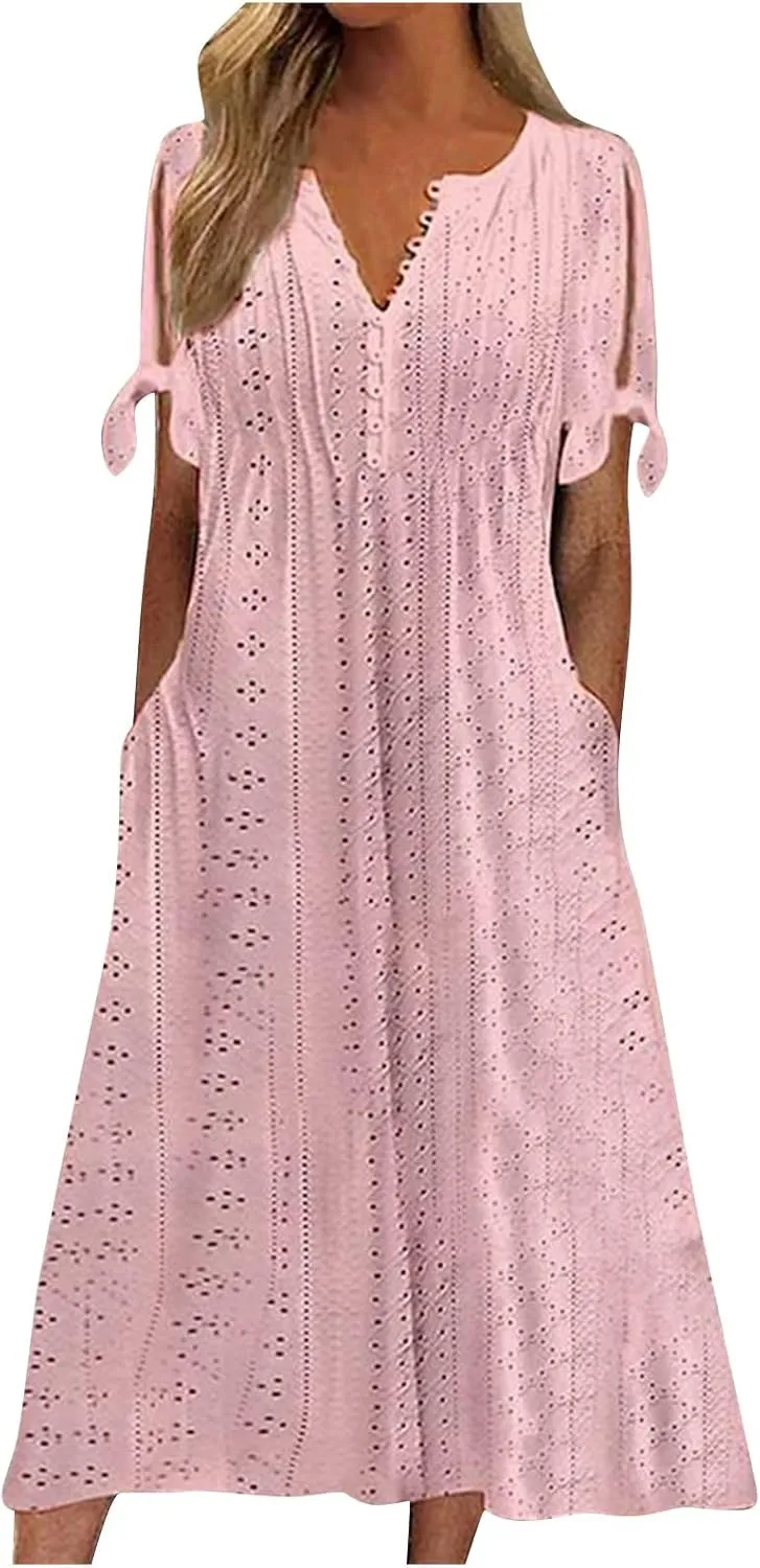 fanmpghleoo Eyelet Dress for Women Cold Shoulder Plus Size Dress Beach Vacation Maxi Dresses Wedding Guest Tea Party Dresses