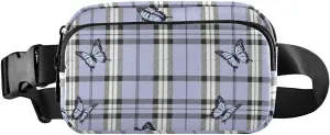 Fanny Pack for Women Men Butterflies Purple Tartan Plaid Belt Waist Pack Bum Bag Wallets for Running Cycling Hiking Travel Workout with Adjustable Strap