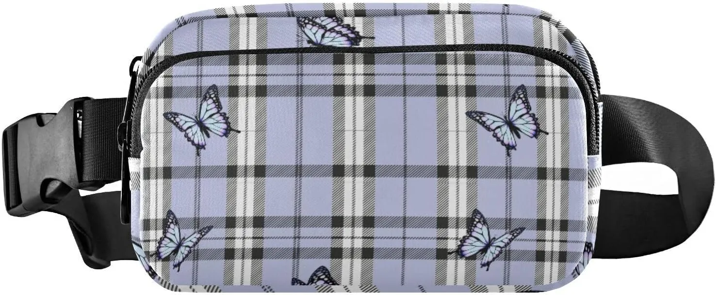 Fanny Pack for Women Men Butterflies Purple Tartan Plaid Belt Waist Pack Bum Bag Wallets for Running Cycling Hiking Travel Workout with Adjustable Strap
