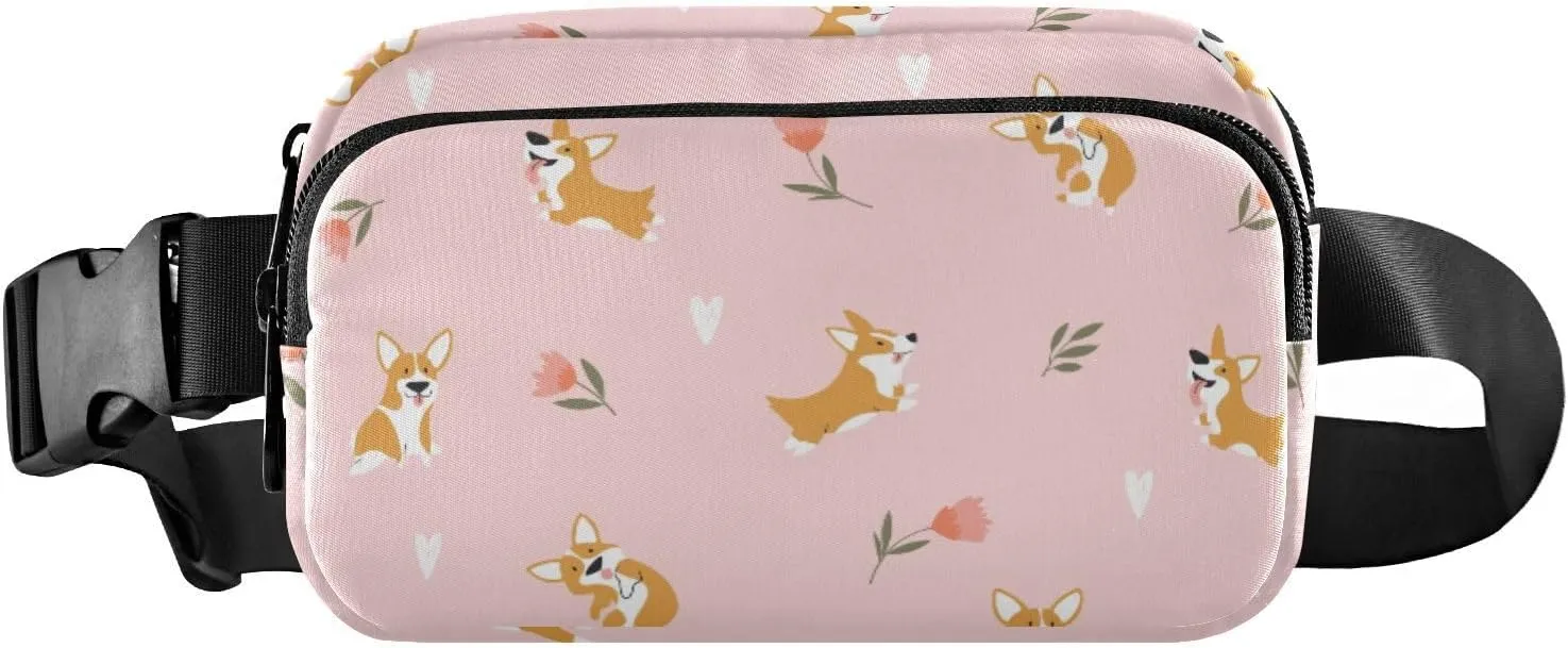 Fanny Pack for Women Men Funny Corgis Dogs Flowers Belt Waist Pack Bum Bag Wallets for Running Cycling Hiking Travel Workout with Adjustable Strap