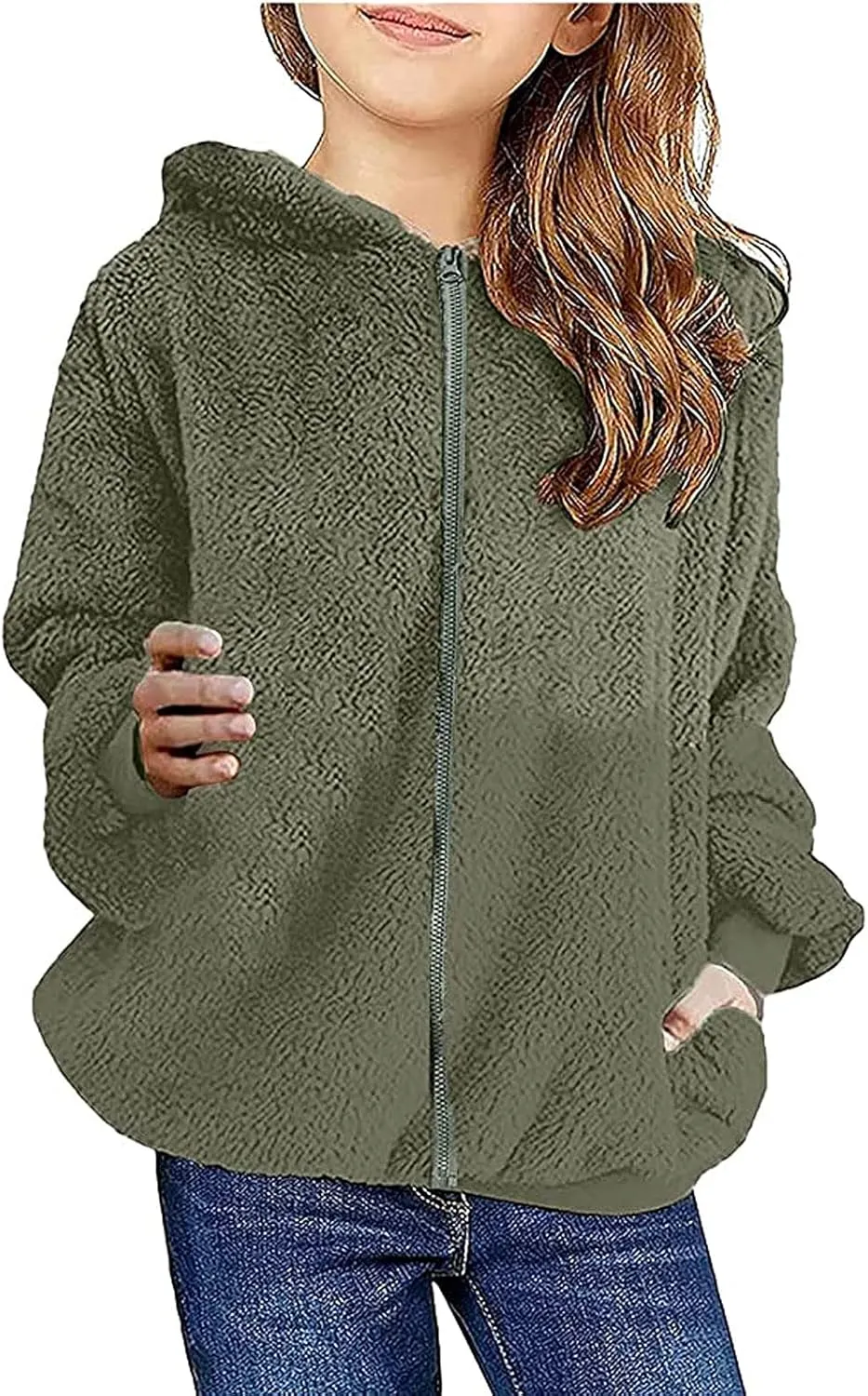 Fleece Hoodies for Girls Trendy Long Sleeve Sherpa Hooded Jacket Comfy Zip Up Winter Coat Warm Outfits for Teen Girls