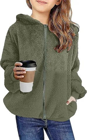 Fleece Hoodies for Girls Trendy Long Sleeve Sherpa Hooded Jacket Comfy Zip Up Winter Coat Warm Outfits for Teen Girls
