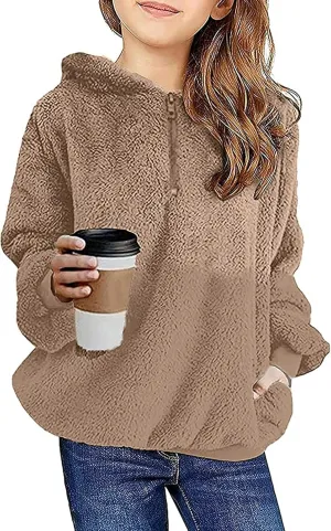 Fleece Hoodies for Girls Trendy Long Sleeve Sherpa Hooded Jacket Comfy Zip Up Winter Coat Warm Outfits for Teen Girls