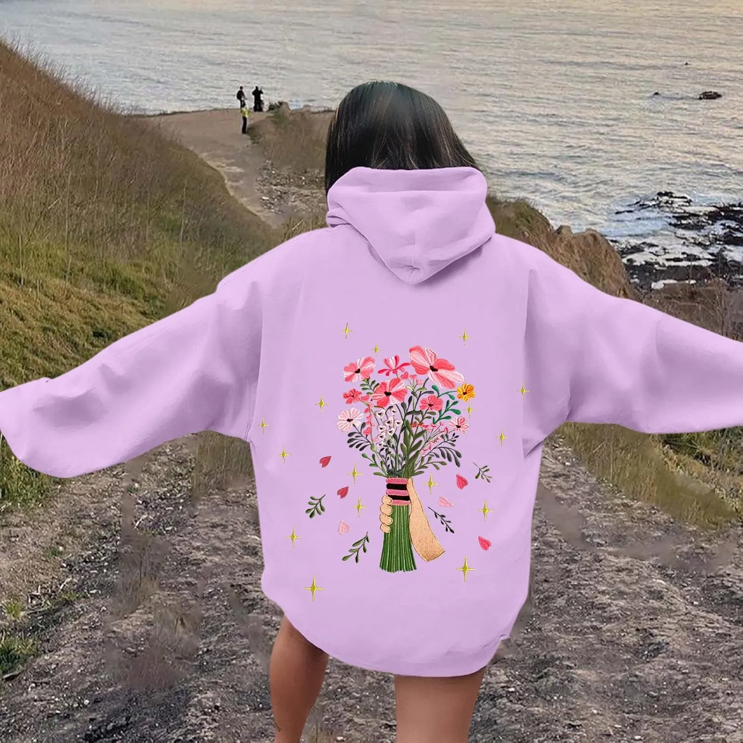 Floral Graphic Hoodies Womens Coquette Oversized Sweatshirts for Teen Girls Y2k Hoodies Cute Fleece Pullover Sweater