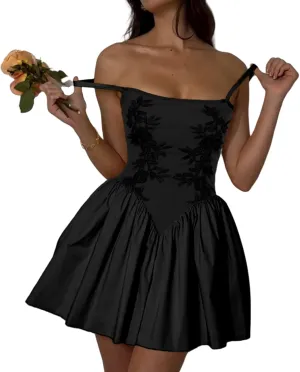 Floral Mini Dress Women Summer Spaghetti Strap Embroidery Ruffle Dress