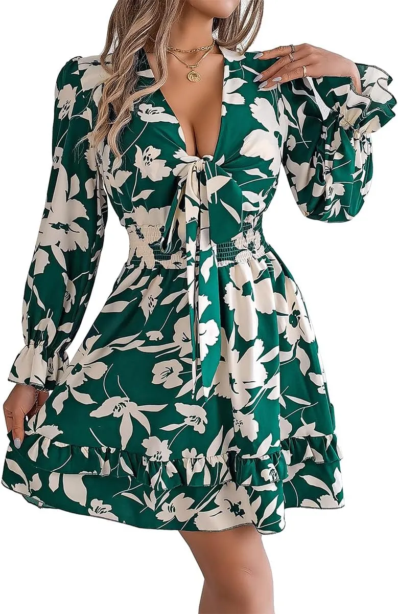 Floral Print Mini Dress, V-Neck, Long Sleeve, Ruffle Hem, Available in Green, Burgundy, Purple