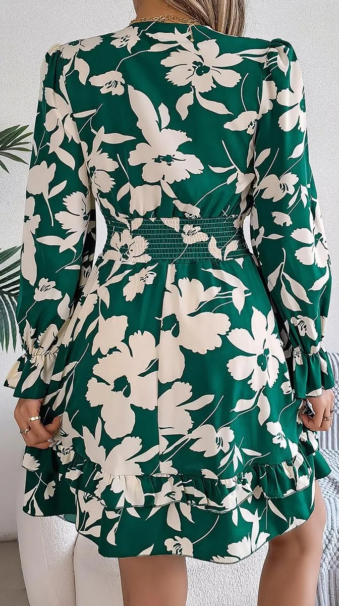 Floral Print Mini Dress, V-Neck, Long Sleeve, Ruffle Hem, Available in Green, Burgundy, Purple