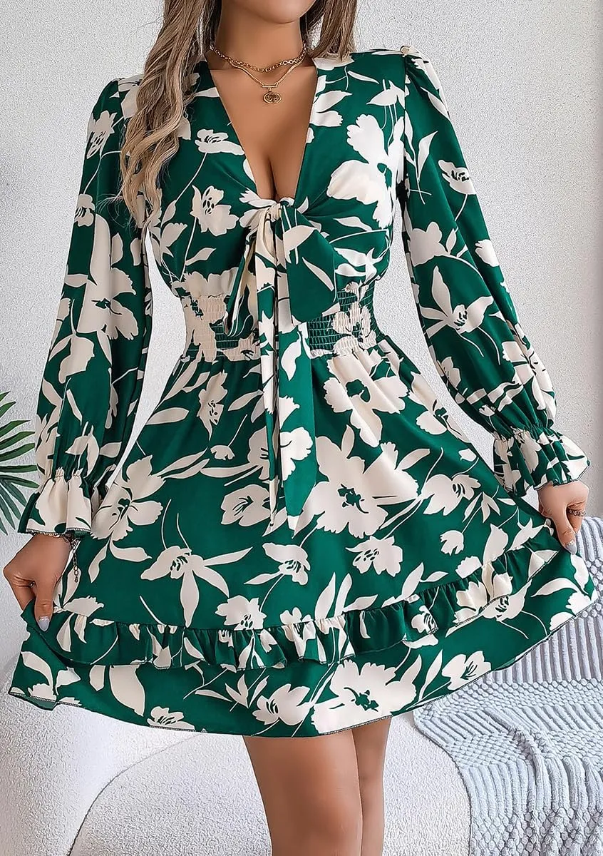 Floral Print Mini Dress, V-Neck, Long Sleeve, Ruffle Hem, Available in Green, Burgundy, Purple