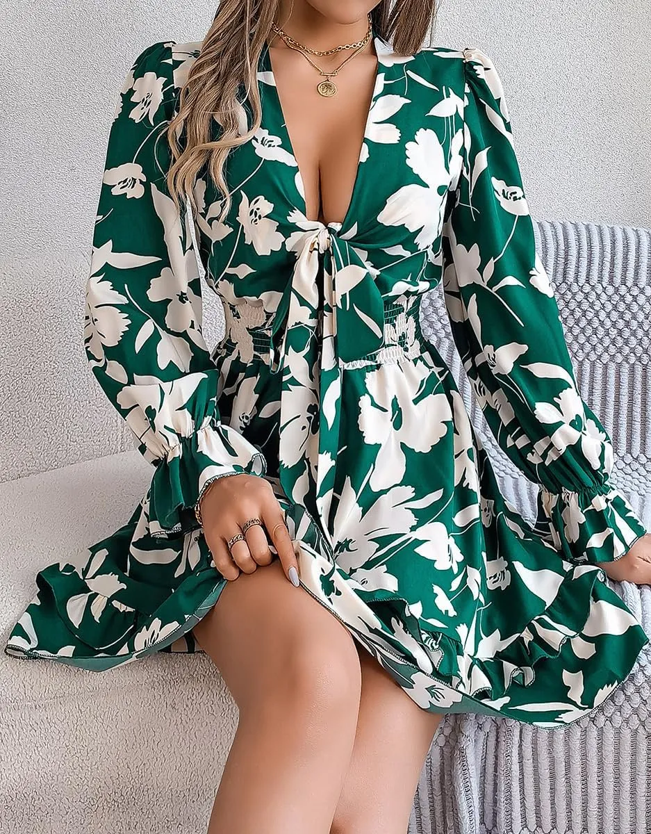 Floral Print Mini Dress, V-Neck, Long Sleeve, Ruffle Hem, Available in Green, Burgundy, Purple
