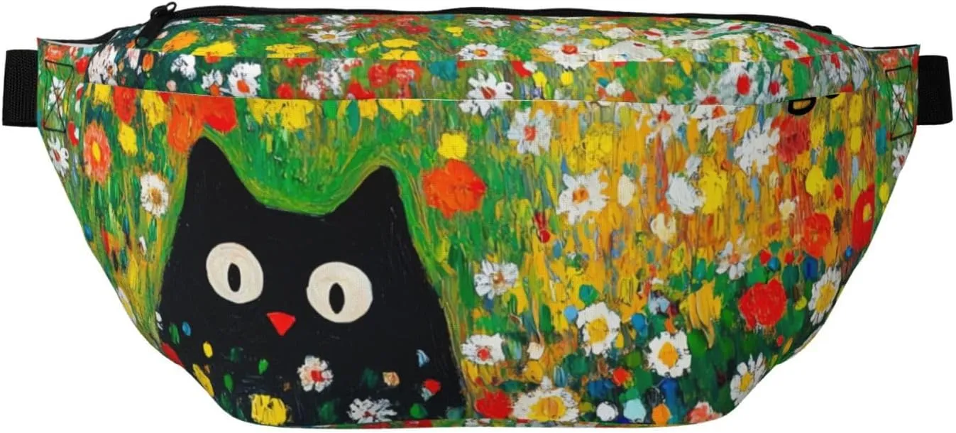 Garden Cats Floral Waist Packs Cute Cats Fanny Pack Waterproof Belt Bag for Workout Running Travel Hiking Cycling Walking,Crossbody Bags with Adjustable Strap (Black)