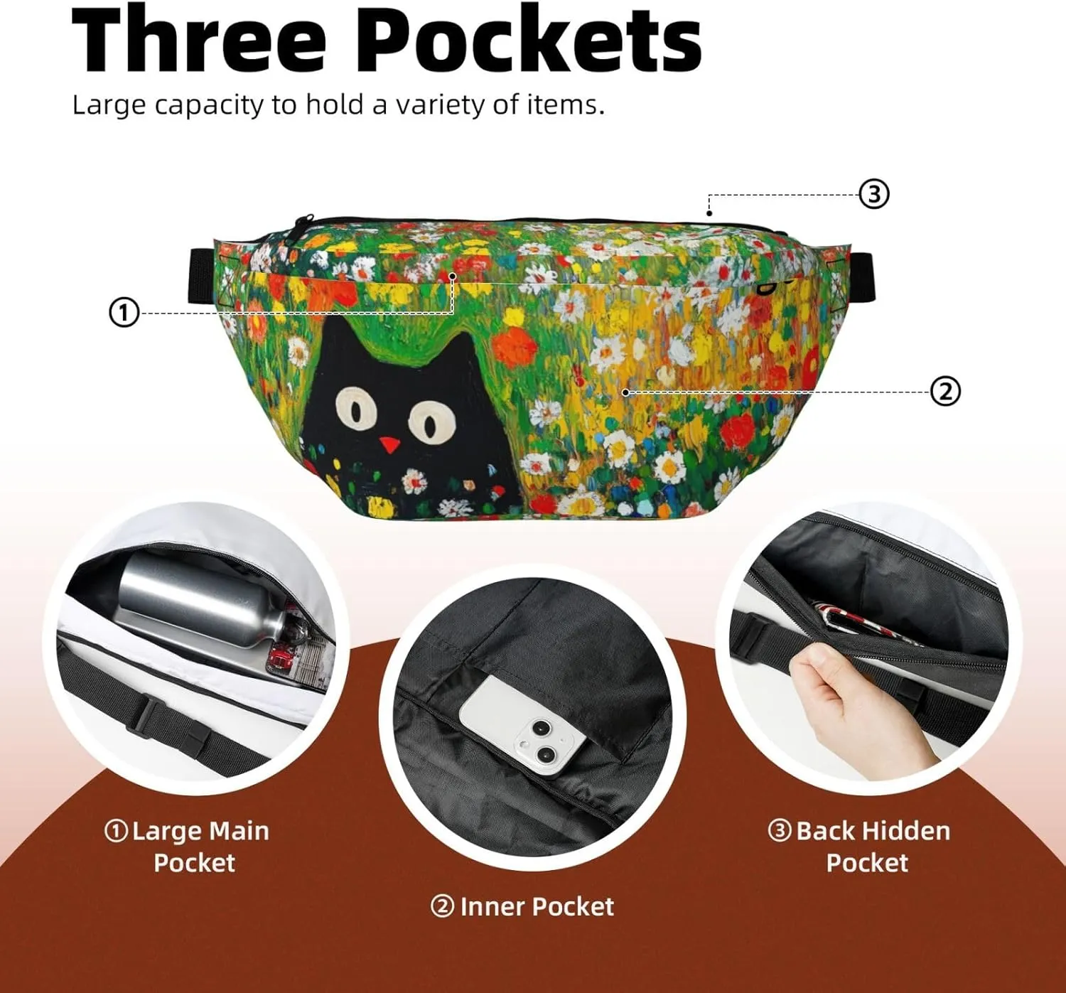Garden Cats Floral Waist Packs Cute Cats Fanny Pack Waterproof Belt Bag for Workout Running Travel Hiking Cycling Walking,Crossbody Bags with Adjustable Strap (Black)