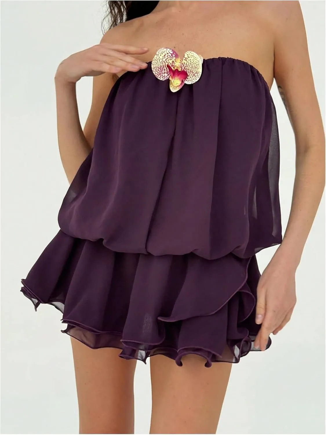 GORGLITTER Women's Mesh Layered Tiered Flowy Mini Dress Strapless Ruffle A Line Swing Short Dresses