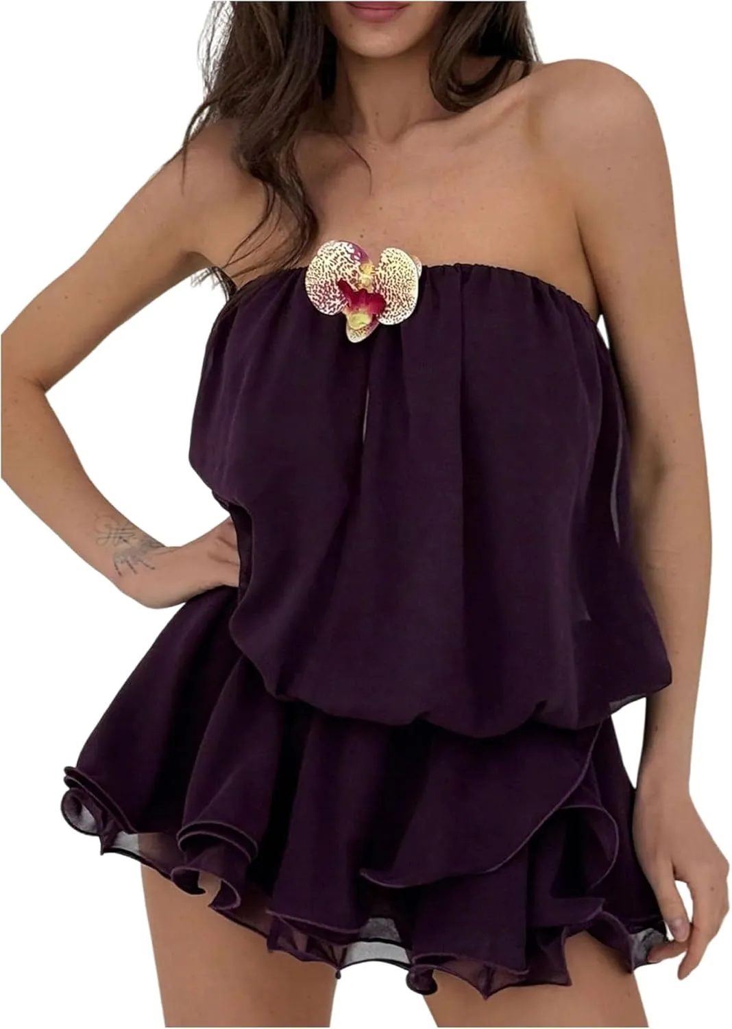 GORGLITTER Women's Mesh Layered Tiered Flowy Mini Dress Strapless Ruffle A Line Swing Short Dresses