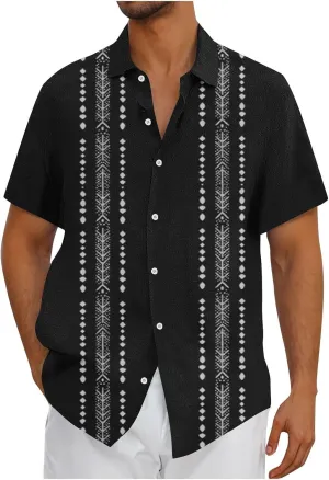Hawaiian Linen Shirt for Men,Vintage Stripes Print Holiday Bowling Top Short Sleeve Casual Button Down Beach Shirts