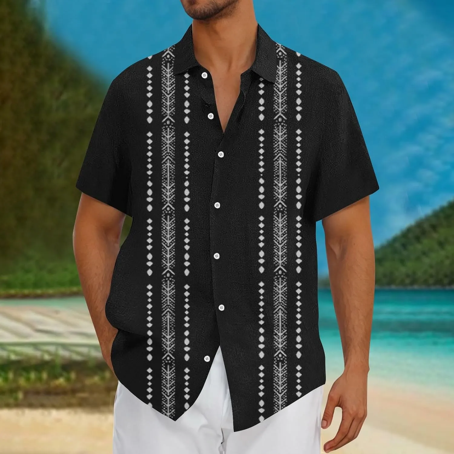Hawaiian Linen Shirt for Men,Vintage Stripes Print Holiday Bowling Top Short Sleeve Casual Button Down Beach Shirts