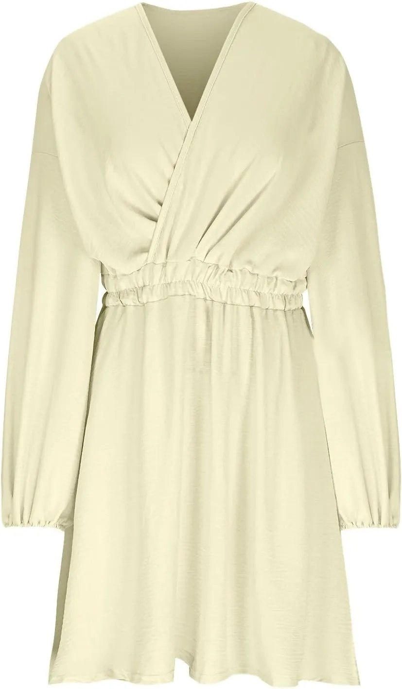 hlysgo Summer Dresses for Women 2025 Casual Loose Fit Lantren Long Sleeve V Neck Mini Dress A-Line Swing Short Beach Dress