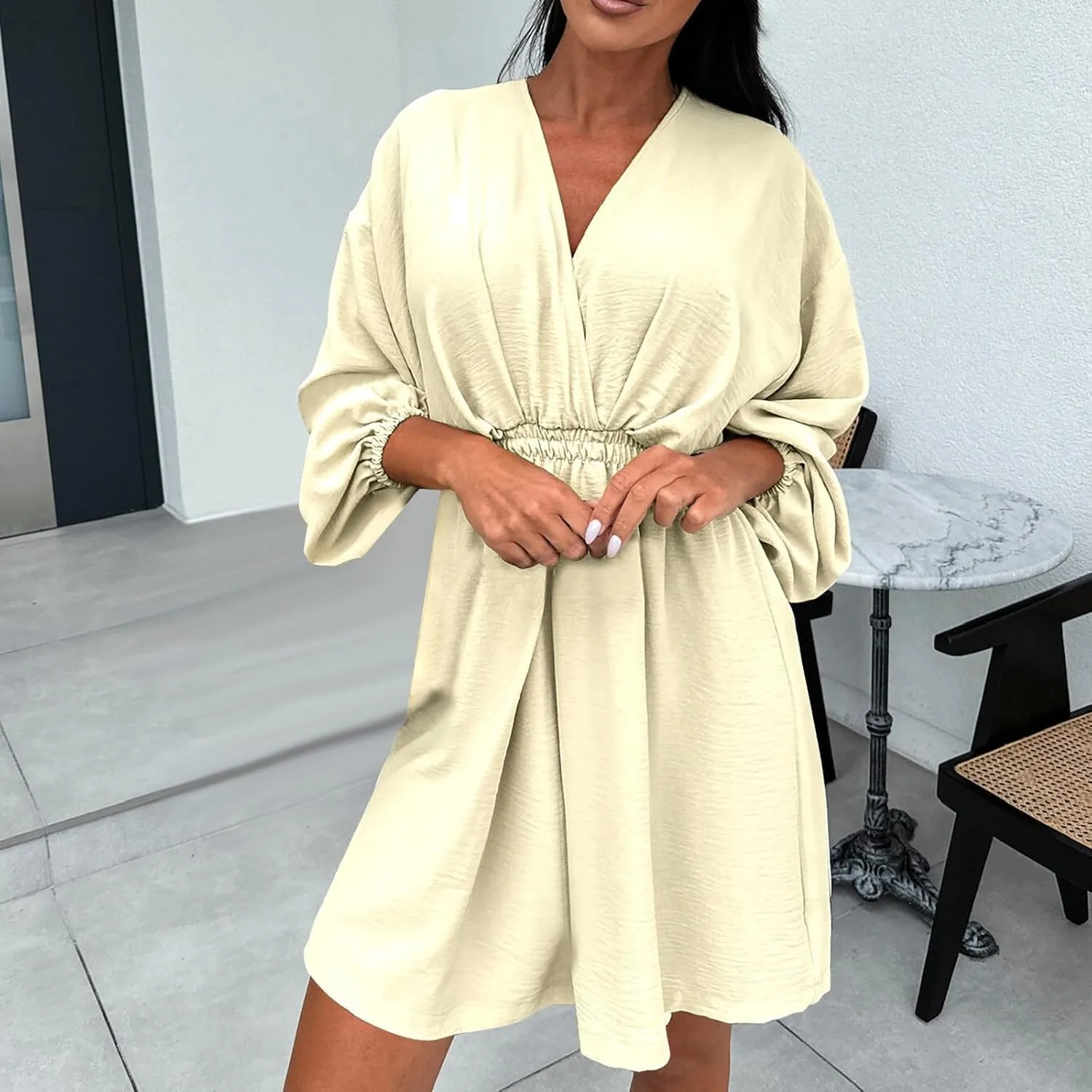 hlysgo Summer Dresses for Women 2025 Casual Loose Fit Lantren Long Sleeve V Neck Mini Dress A-Line Swing Short Beach Dress