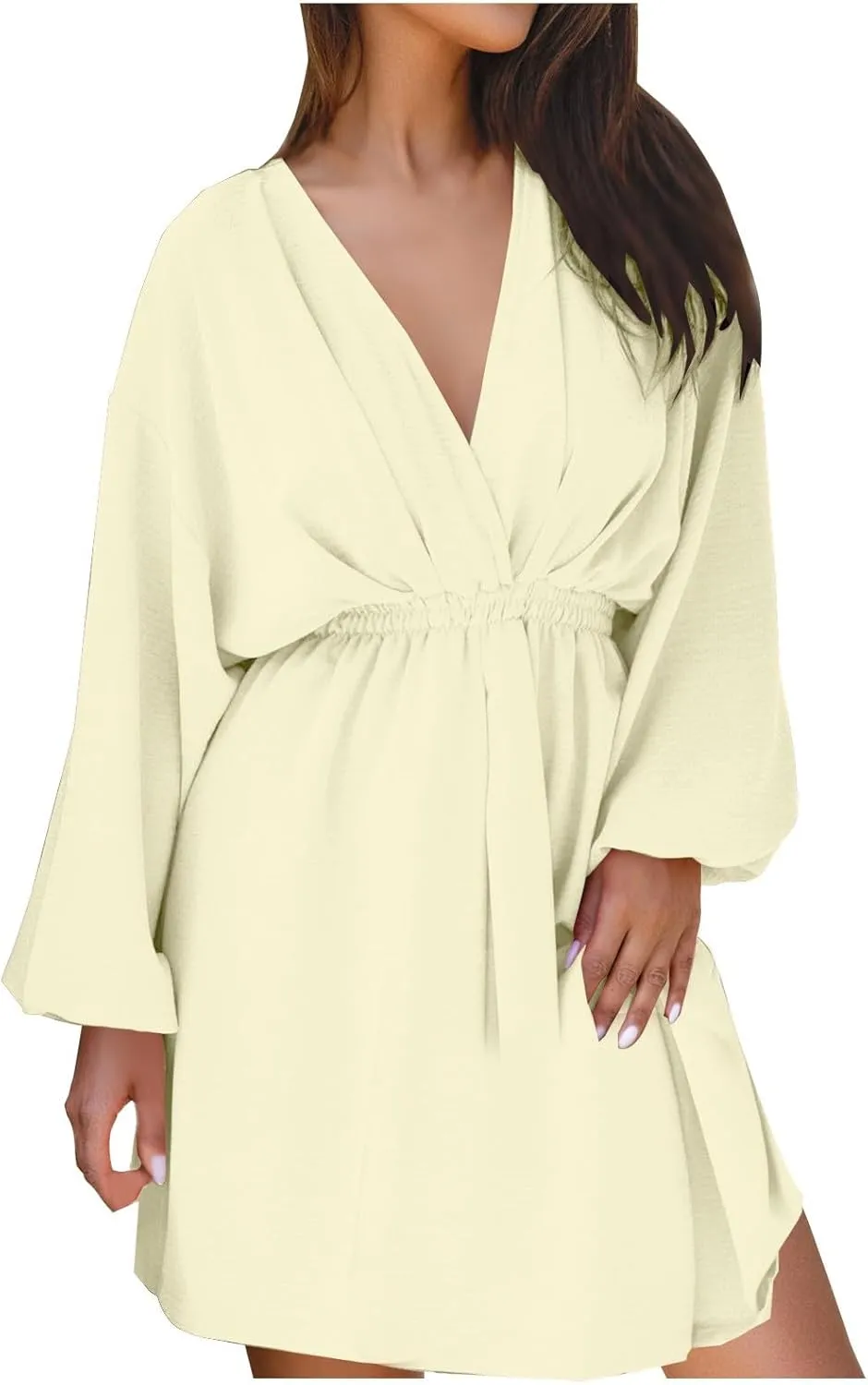 hlysgo Summer Dresses for Women 2025 Casual Loose Fit Lantren Long Sleeve V Neck Mini Dress A-Line Swing Short Beach Dress