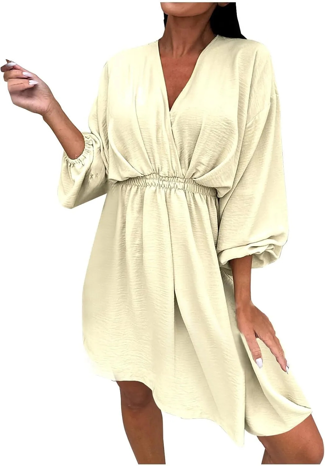 hlysgo Summer Dresses for Women 2025 Casual Loose Fit Lantren Long Sleeve V Neck Mini Dress A-Line Swing Short Beach Dress