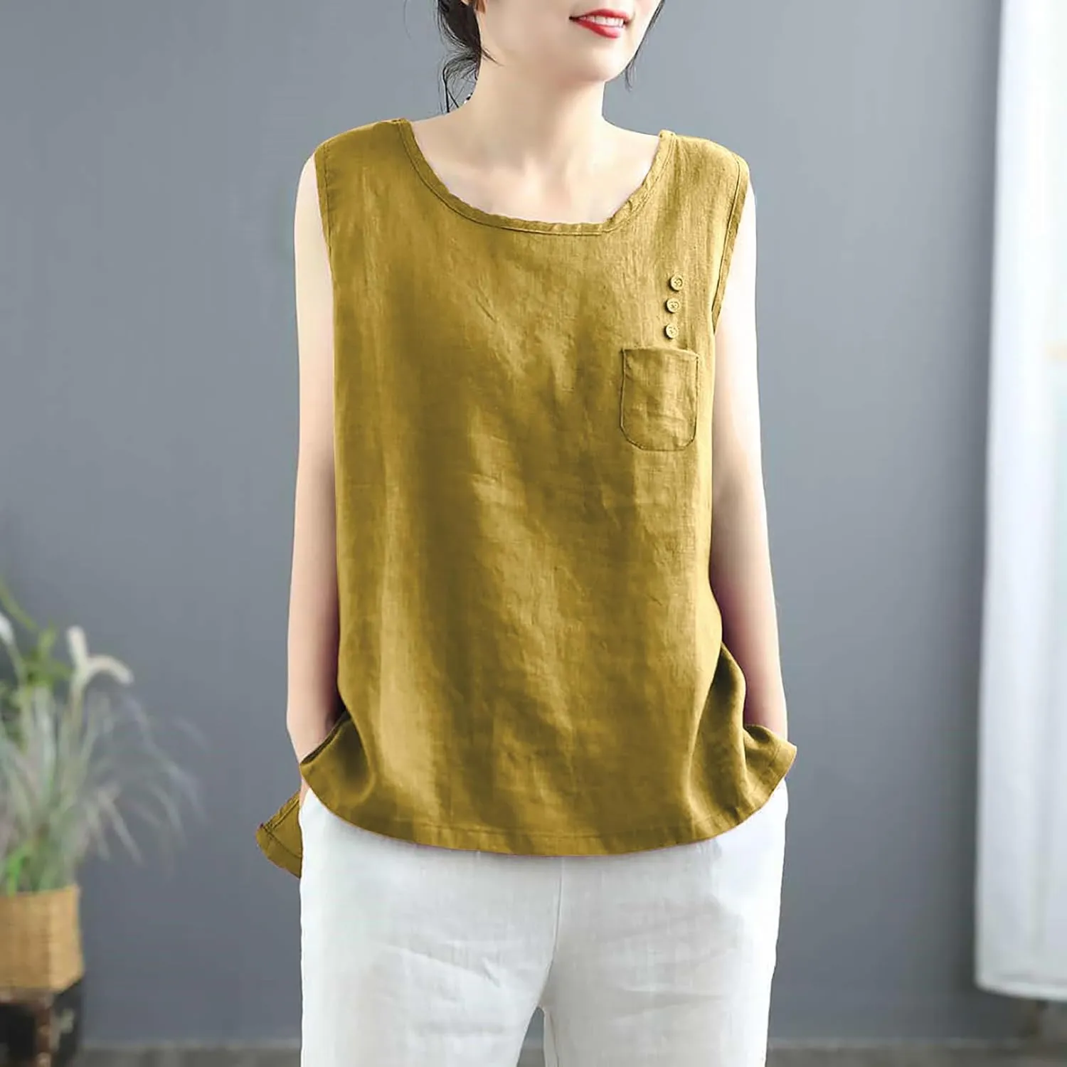 JOAU Cotton Linen Tank Tops for Womens Summer Sleeveless Crewneck Blouse Casual Solid Loose Basic Shirt with Pocket Plus Size