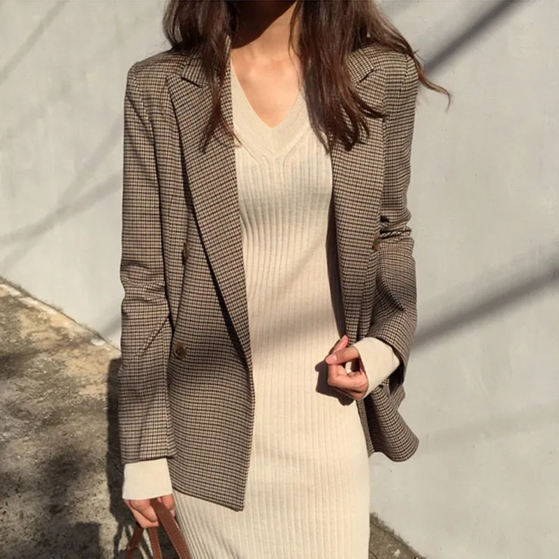 Joskaa Vintage Double Breasted Office Ladies Plaid Blazer Long Loose Jacket Houndstooth Suit Coat Jacket Women blazers Female 2024