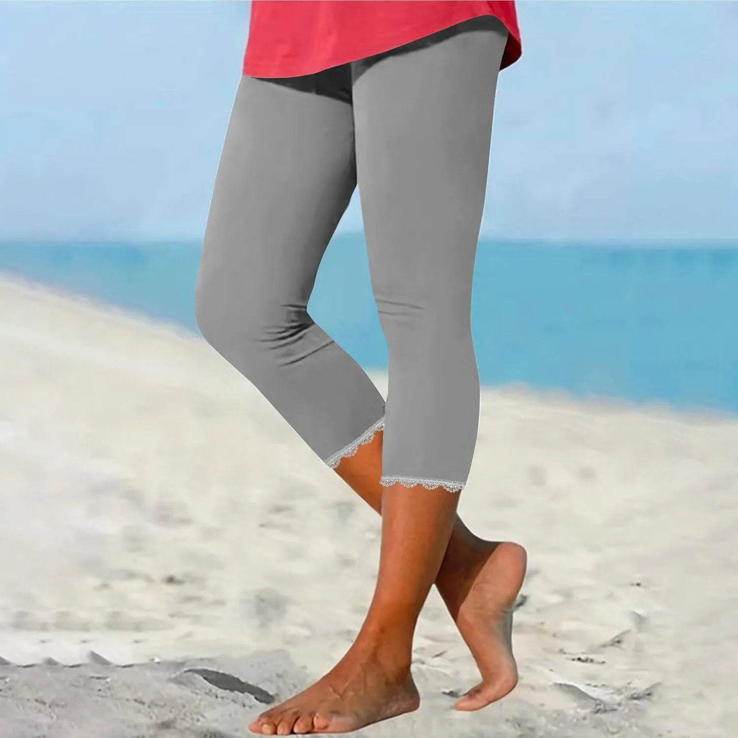 Lace Cropped Trousers Women Capri Leggings 3/4 Length Stretch Pants Summer High Waisted Sweatpants Cropped Trouser