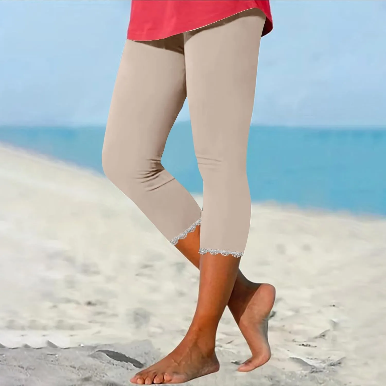 Lace Cropped Trousers Women Capri Leggings 3/4 Length Stretch Pants Summer High Waisted Sweatpants Cropped Trouser