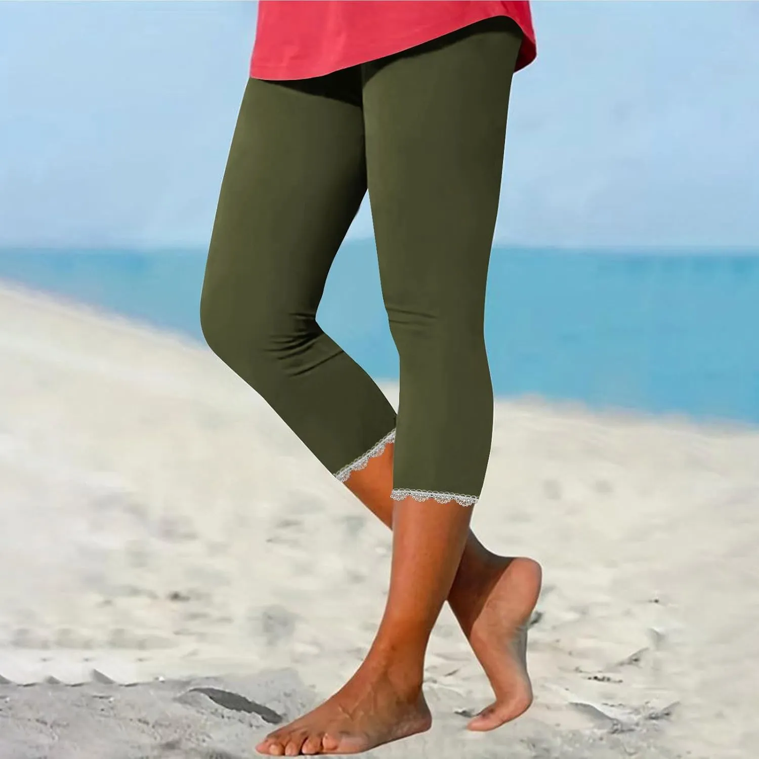 Lace Cropped Trousers Women Capri Leggings 3/4 Length Stretch Pants Summer High Waisted Sweatpants Cropped Trouser