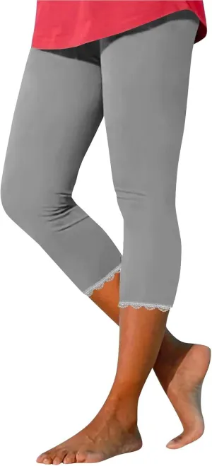Lace Cropped Trousers Women Capri Leggings 3/4 Length Stretch Pants Summer High Waisted Sweatpants Cropped Trouser