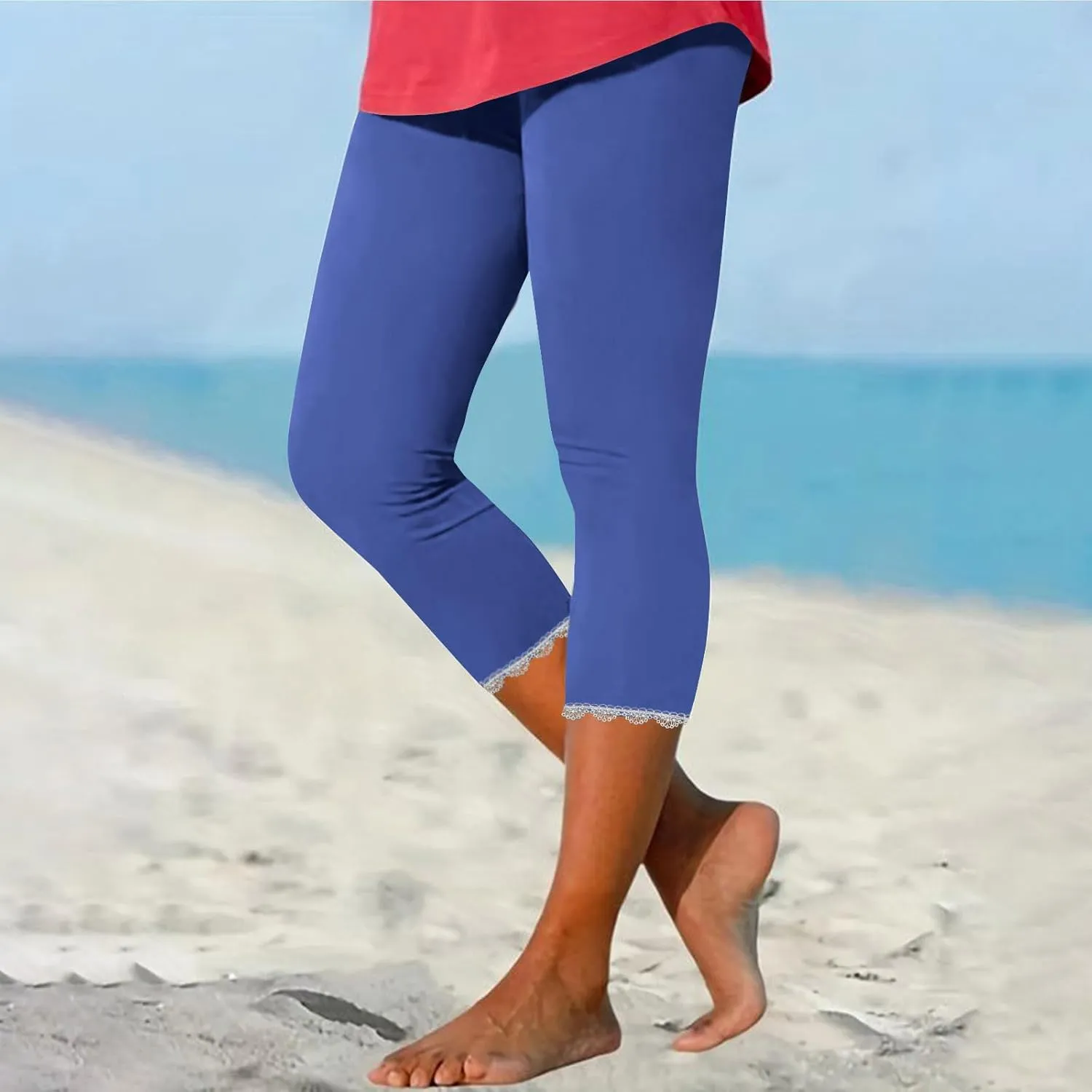 Lace Cropped Trousers Women Capri Leggings 3/4 Length Stretch Pants Summer High Waisted Sweatpants Cropped Trouser