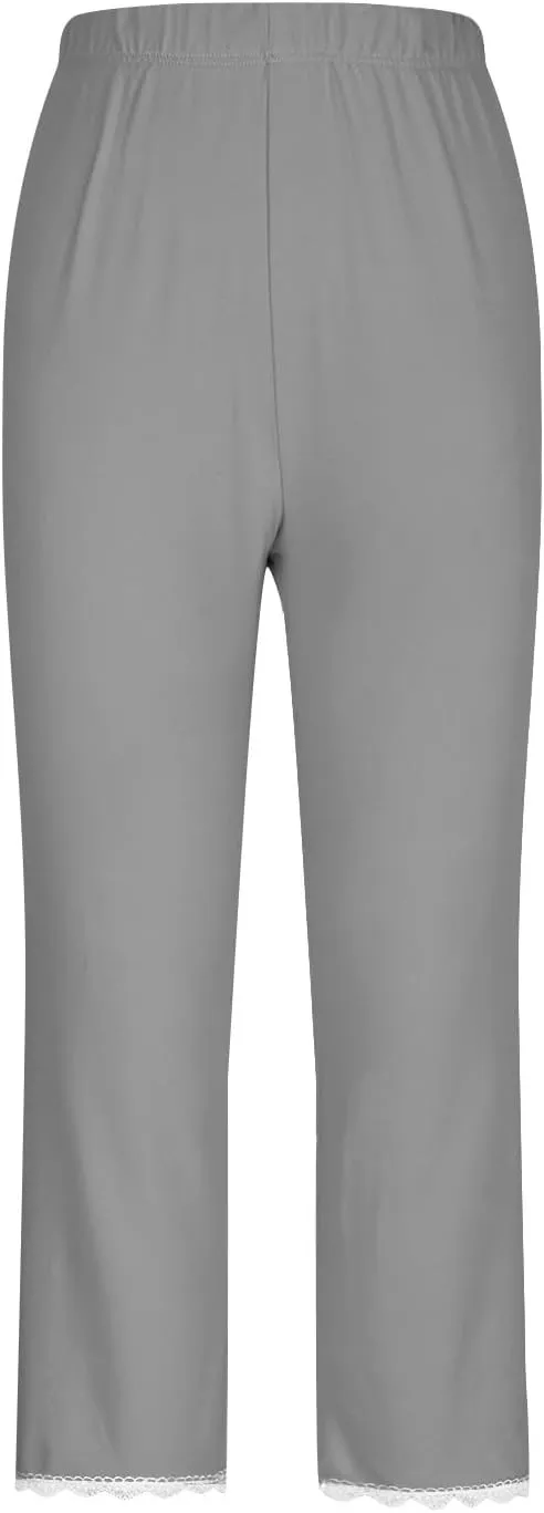 Lace Cropped Trousers Women Capri Leggings 3/4 Length Stretch Pants Summer High Waisted Sweatpants Cropped Trouser