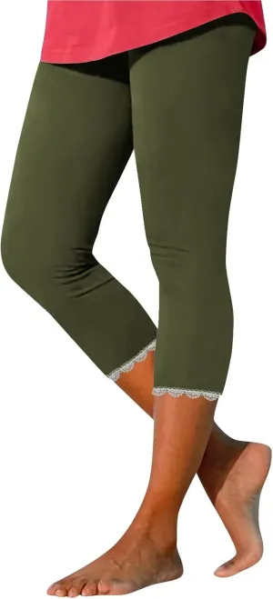 Lace Cropped Trousers Women Capri Leggings 3/4 Length Stretch Pants Summer High Waisted Sweatpants Cropped Trouser