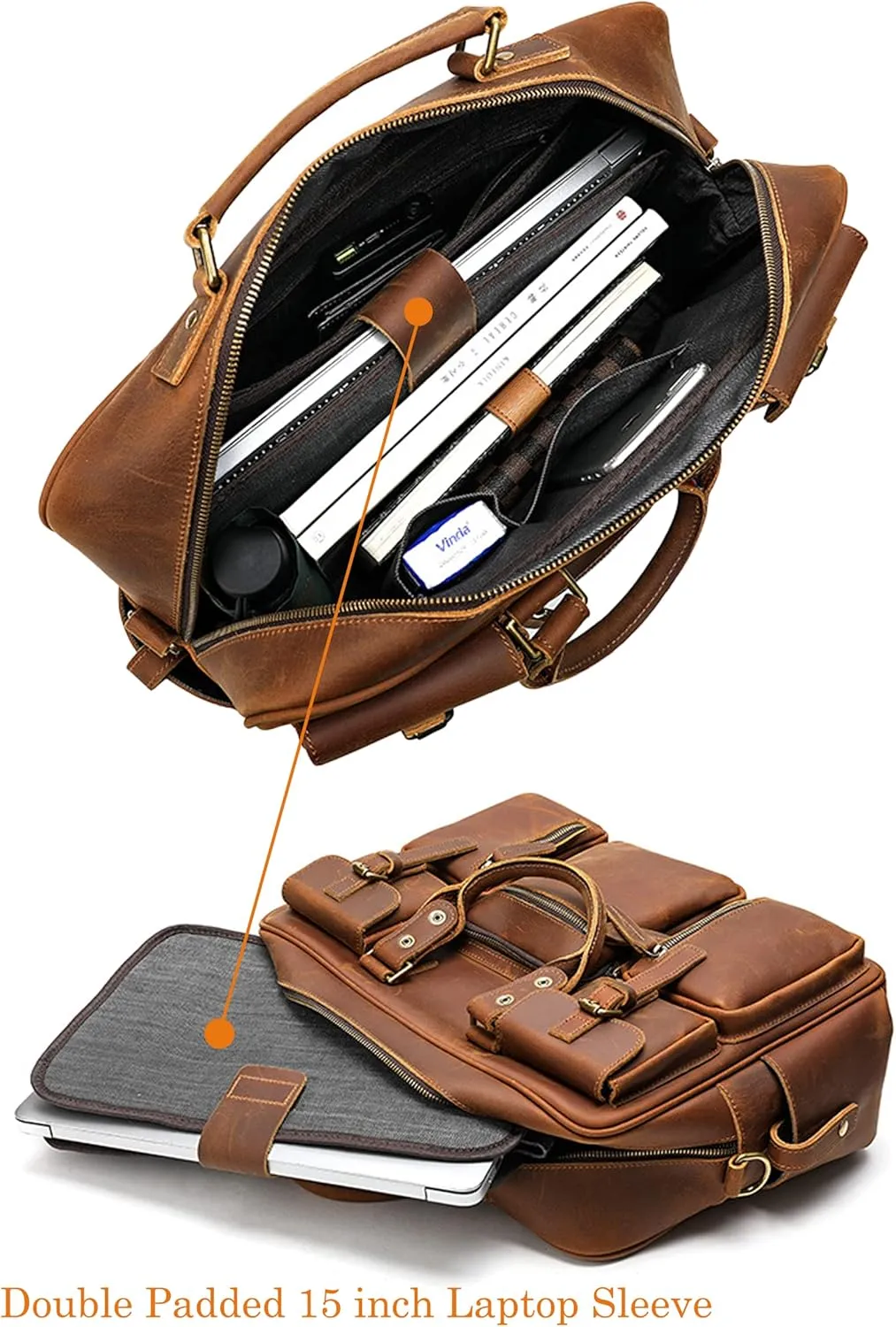 Leather Handbag for Men Vintage Travel Messenger Bag 14 inch laptop Briefcase Shoulder Bags