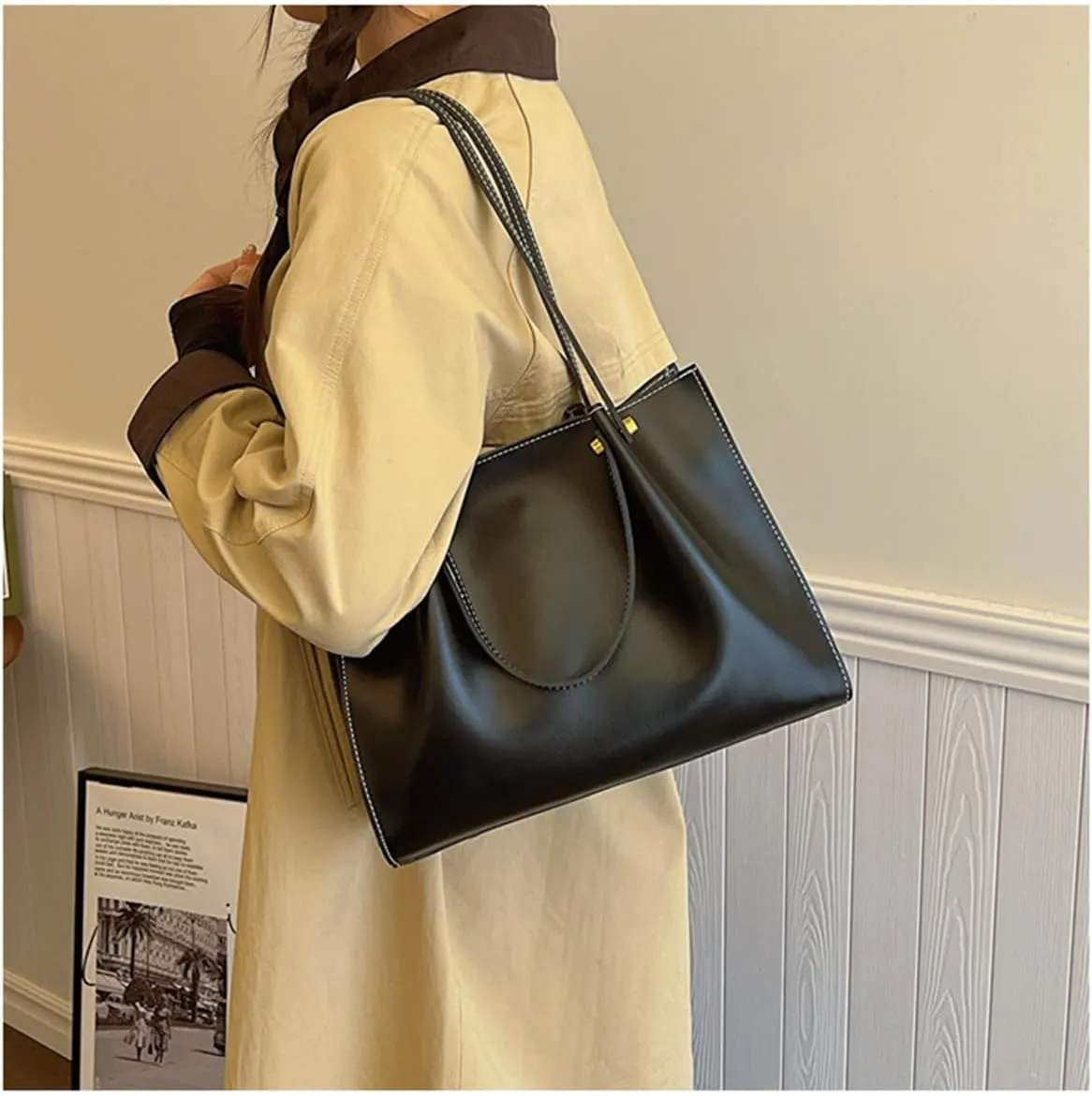 Leather Shoulder Bag for Women,Large Capacity Slouchy Work Tote Bag with Zipper,Fashion PU Purse Satchel Handbag