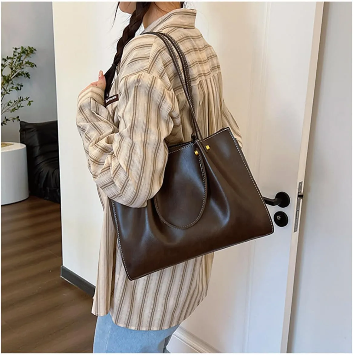 Leather Shoulder Bag for Women,Large Capacity Slouchy Work Tote Bag with Zipper,Fashion PU Purse Satchel Handbag