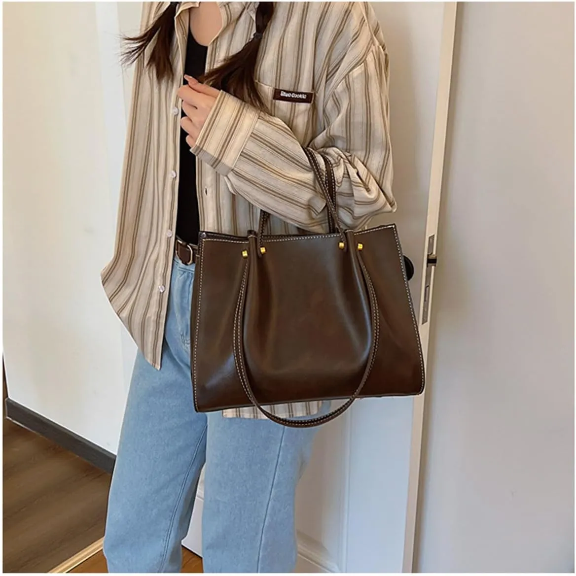 Leather Shoulder Bag for Women,Large Capacity Slouchy Work Tote Bag with Zipper,Fashion PU Purse Satchel Handbag