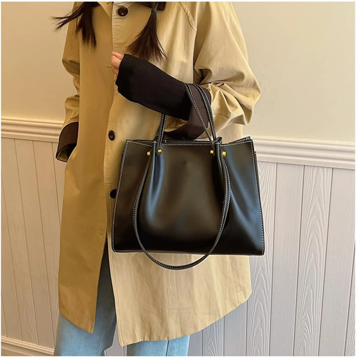 Leather Shoulder Bag for Women,Large Capacity Slouchy Work Tote Bag with Zipper,Fashion PU Purse Satchel Handbag