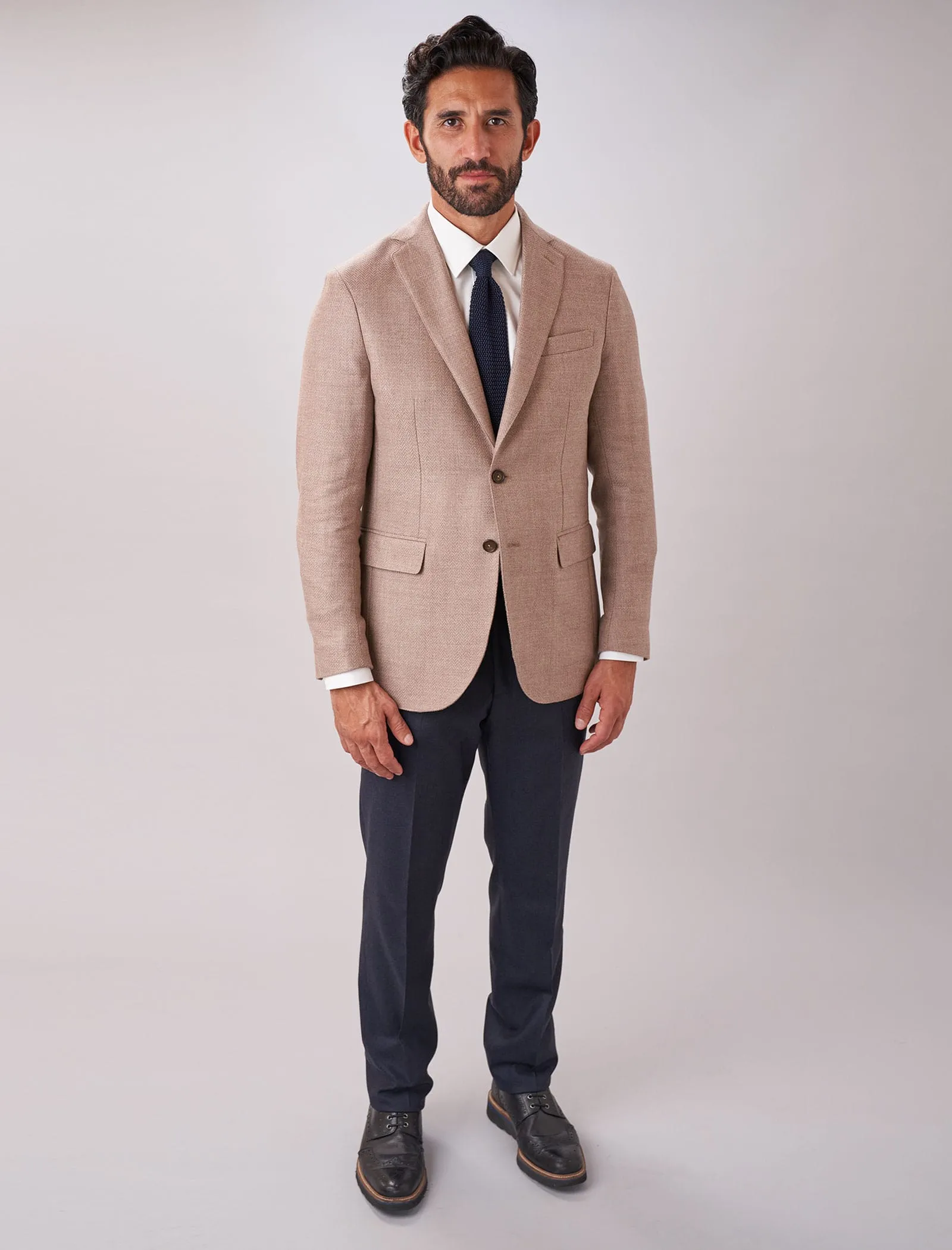 Light Beige Herringbone Wool & Cashmere Blazer