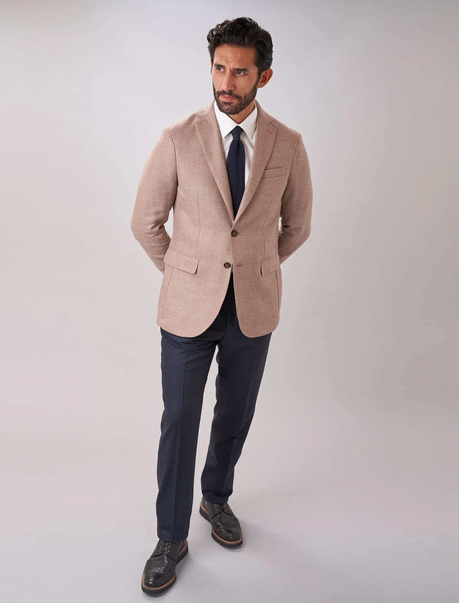 Light Beige Herringbone Wool & Cashmere Blazer