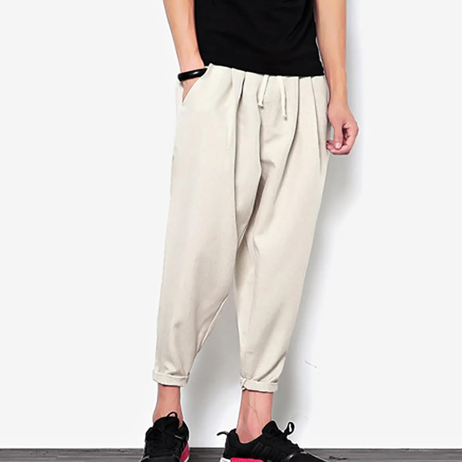Linen Capri Pants Men Baggy Harem Pants Drawstring Lounge Pants Elastic Waist Capris Casual Summer Ankle Pants