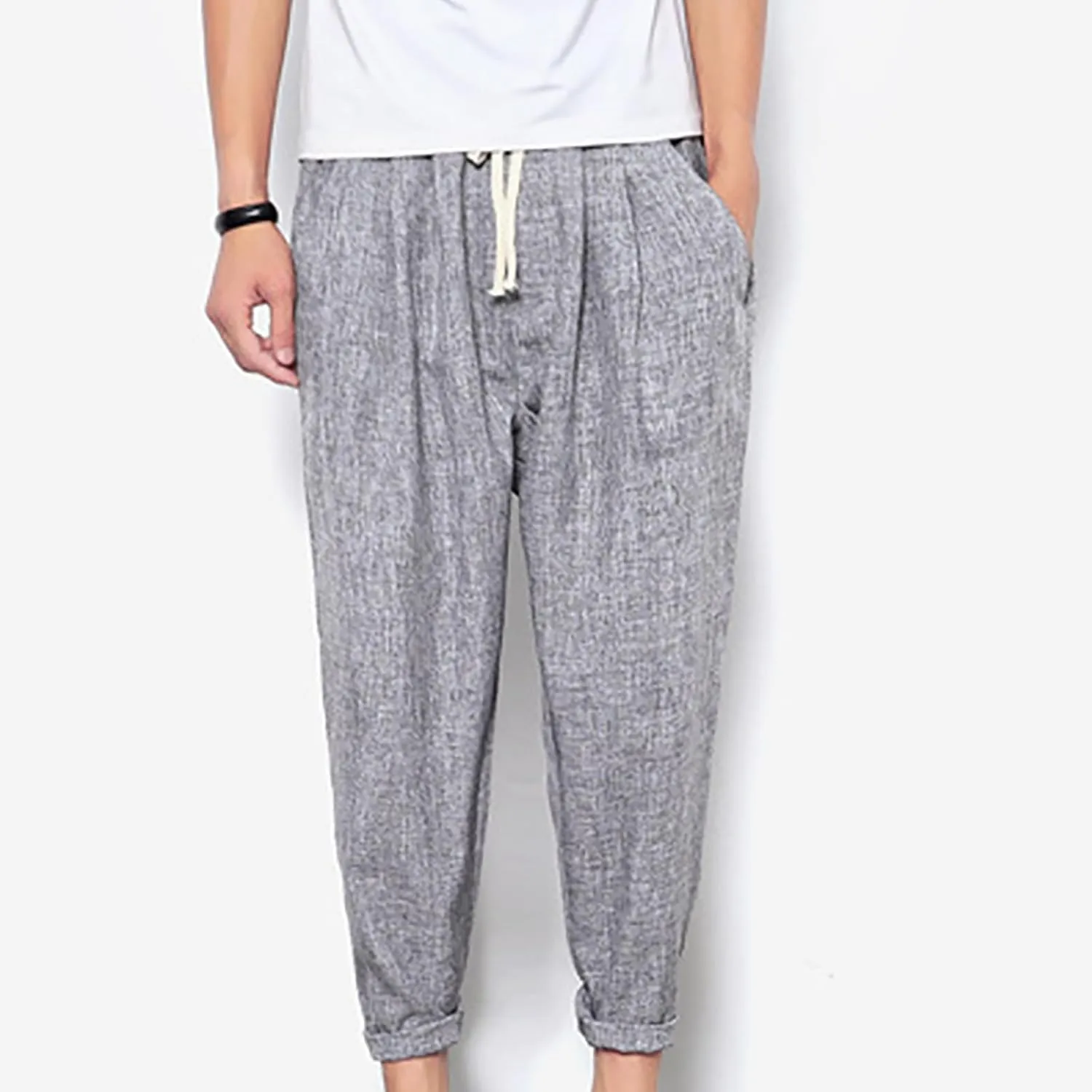 Linen Capri Pants Men Baggy Harem Pants Drawstring Lounge Pants Elastic Waist Capris Casual Summer Ankle Pants