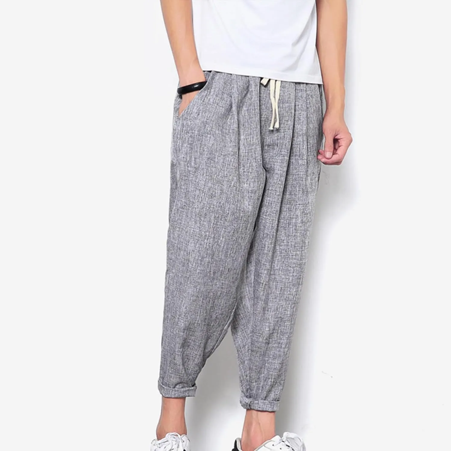 Linen Capri Pants Men Baggy Harem Pants Drawstring Lounge Pants Elastic Waist Capris Casual Summer Ankle Pants