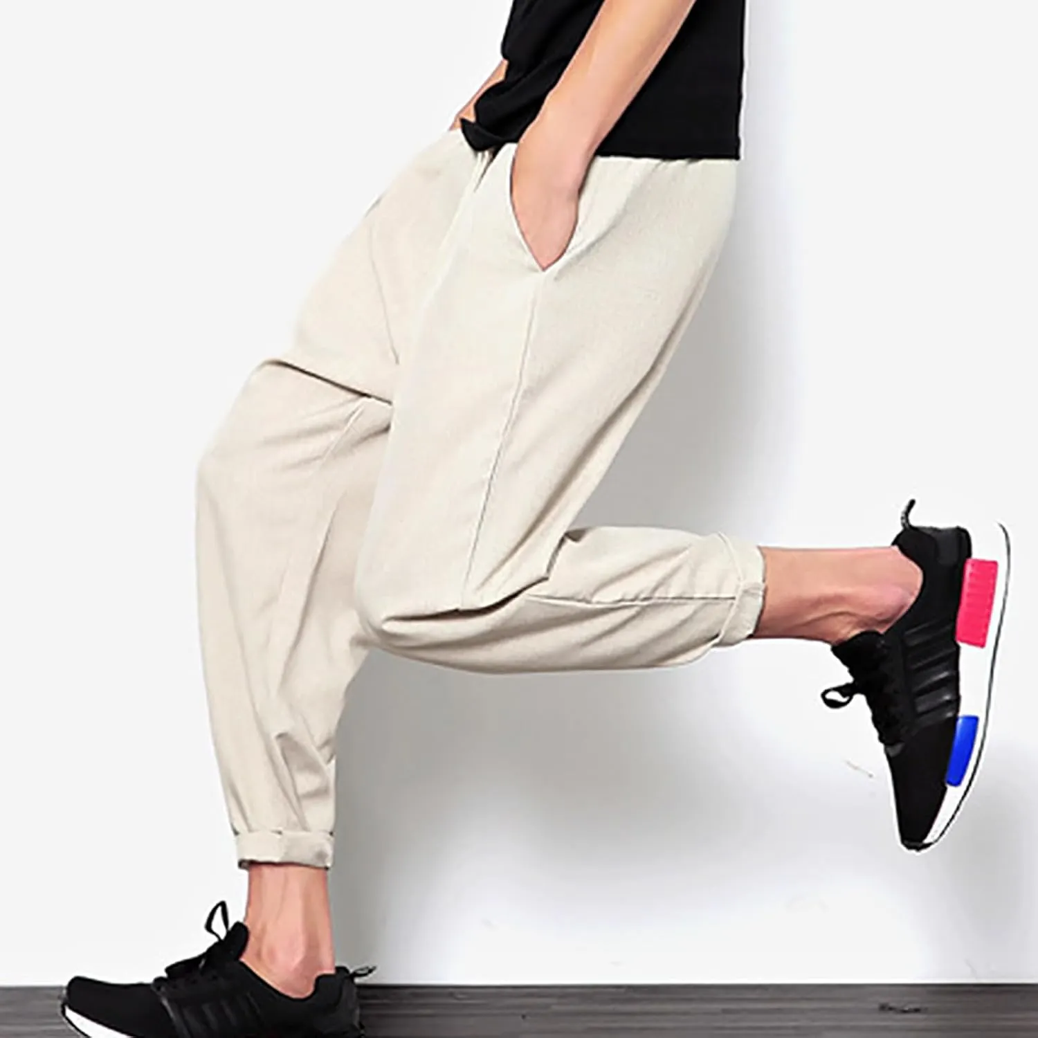 Linen Capri Pants Men Baggy Harem Pants Drawstring Lounge Pants Elastic Waist Capris Casual Summer Ankle Pants