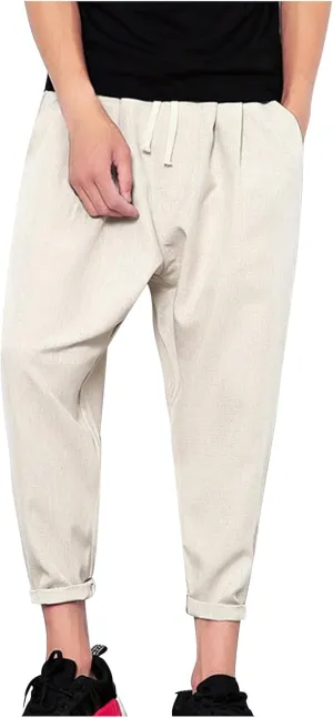 Linen Capri Pants Men Baggy Harem Pants Drawstring Lounge Pants Elastic Waist Capris Casual Summer Ankle Pants