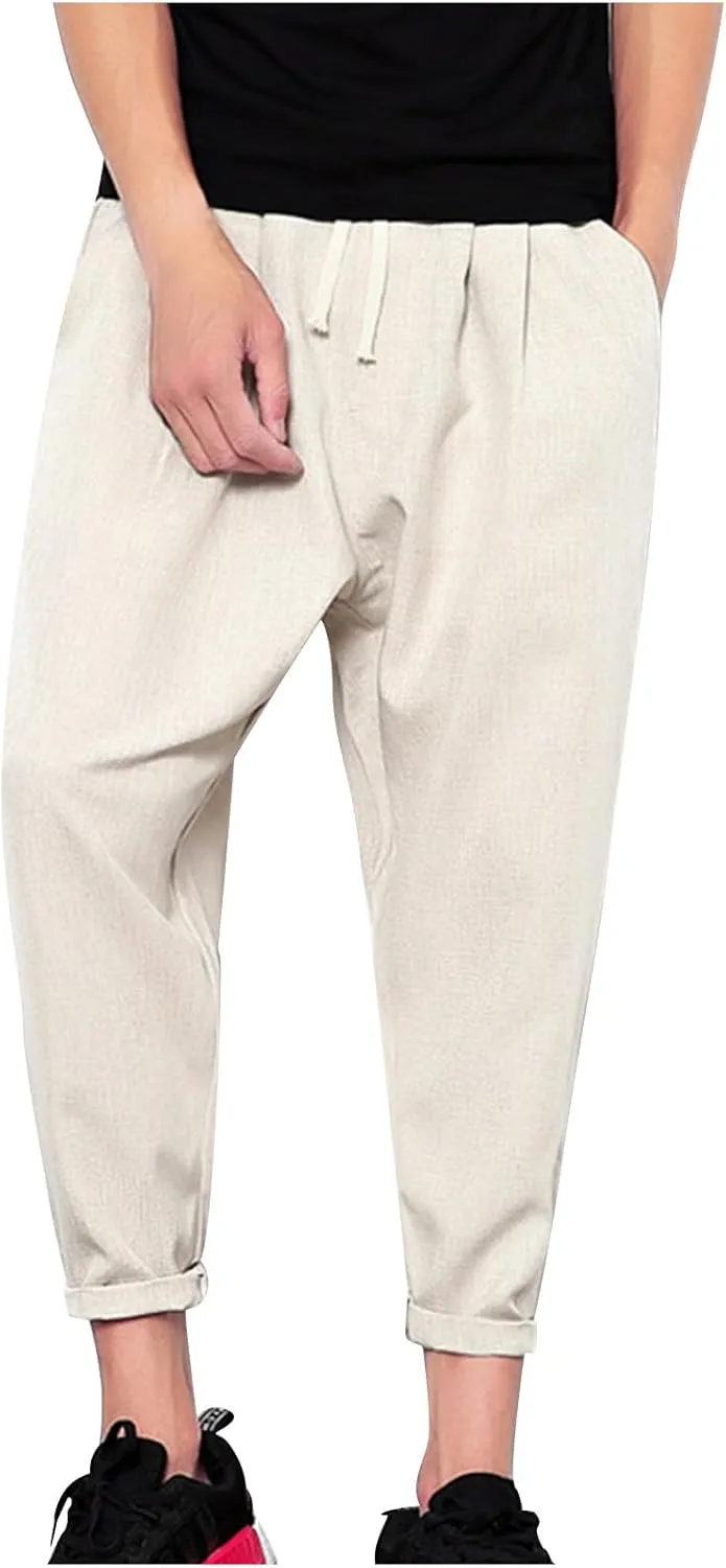 Linen Capri Pants Men Baggy Harem Pants Drawstring Lounge Pants Elastic Waist Capris Casual Summer Ankle Pants