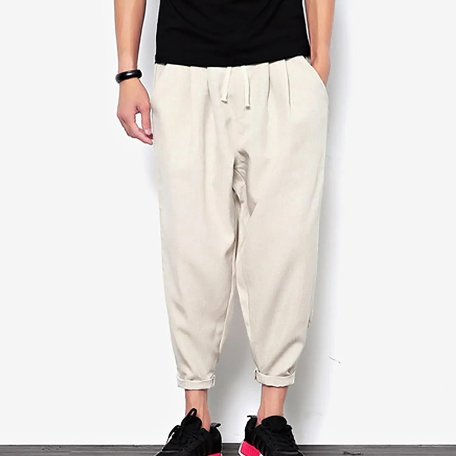 Linen Capri Pants Men Baggy Harem Pants Drawstring Lounge Pants Elastic Waist Capris Casual Summer Ankle Pants